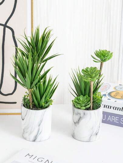 Artificial Succulent & Aloe Potted Plant - Mini Fake Greenery In Marble Effect Pot For Home Office Desk Decor