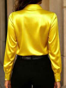 Camisa de satén con botones para mujer, de nueva llegada, de moda, versátil y adecuada para todas las estaciones, primavera - Amarillo - Ver 3