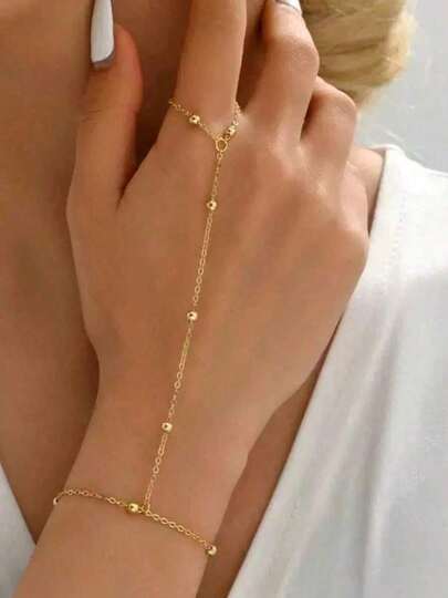 1pc Minimalist Gold Beaded Chain Midi Finger Ring Bracelet For Women - Elegant Stackable Hand Jewelry Gift Set - Boho Adjustable Ring Bracelet For Party Wedding Daily Wear Finger Ring Bracelet Charm Bracelets For Women