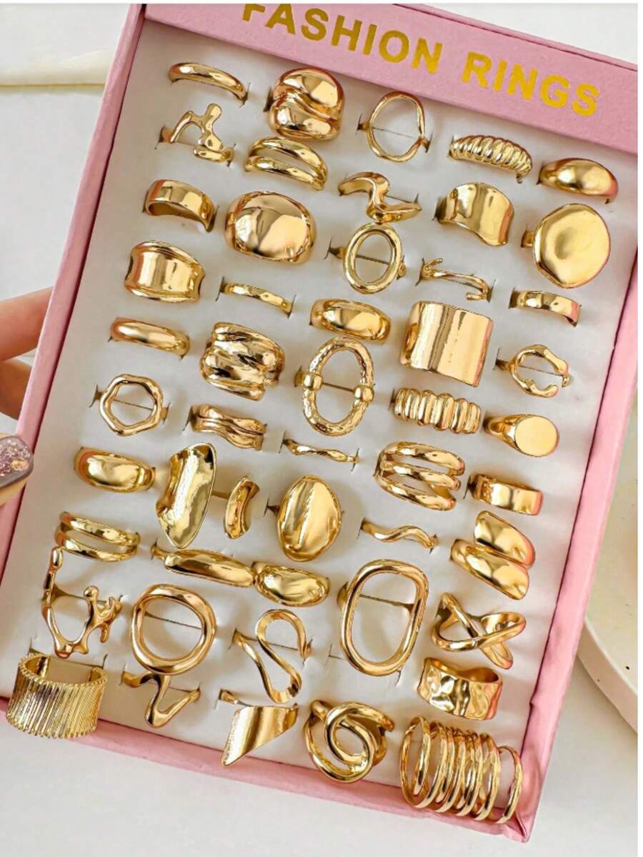 15pcs Women's Asymmetric Geometric Textured Water Drop Layered Ring Set, Mixed Styles, No Box - Yellow Gold - View 1