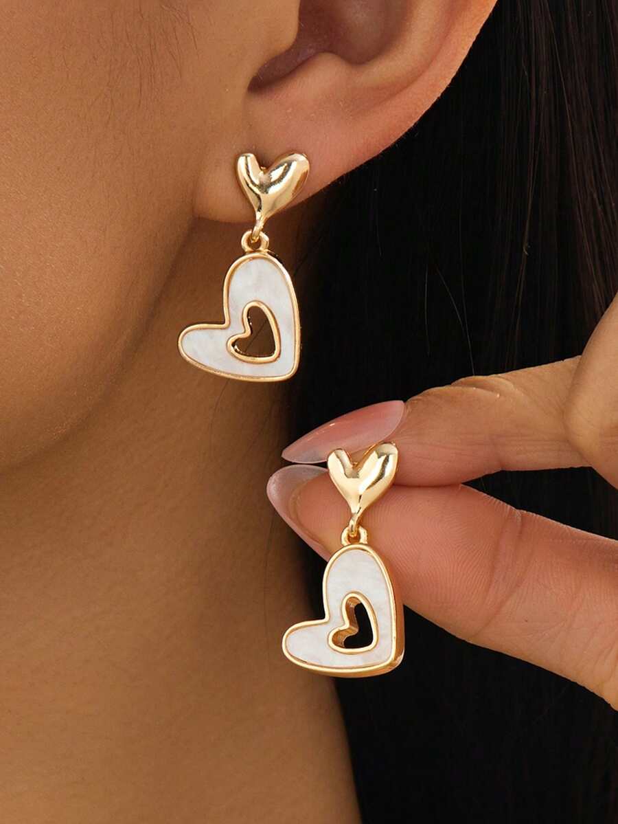 1 Pair Romantic & Delicate Hollow Heart Pendant Earrings, Sweet Summer Style For Women - White - View 1