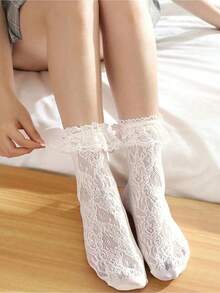 半双装女士蕾丝中筒袜，大蕾丝边，弹性镂空网眼长袜，可爱蕾丝风格袜子 - 彩色 - 查看 6