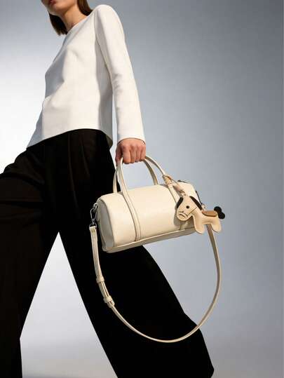 1 pieza Bolso de barril mini color crema - Bolso bandolera con asa superior y decoración de dije de caballo, adecuado para viajes, compras, citas, un regalo ideal para mujeres, adolescentes, estudiantes universitarias, principiantes y mujeres trabajadoras, aplicable para oficina, escuela, trabajo, negocios, transporte, al aire libre, viajes, picnics y otras ocasiones