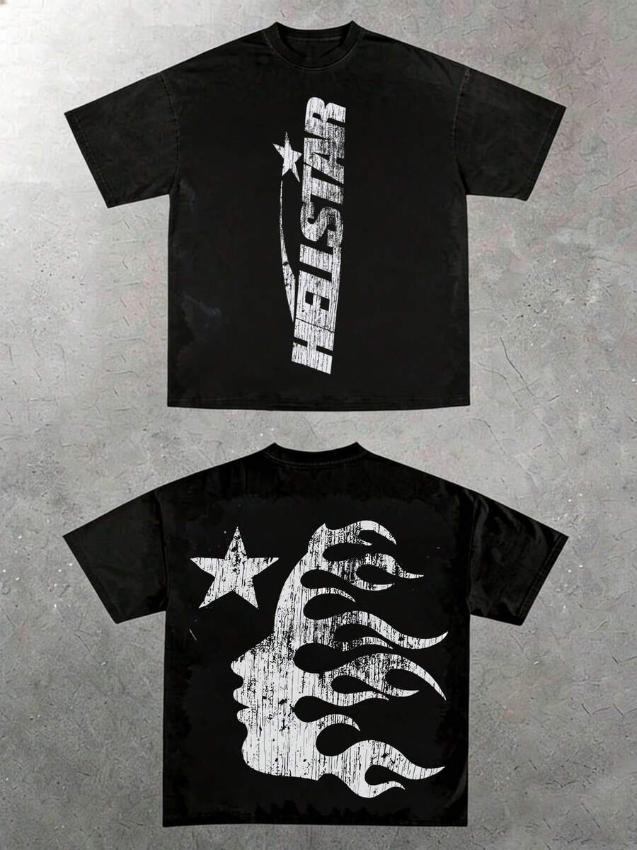 Hellstars Flame Silhouette Star Logo Retro T-Shirt Double Sided Printed (220g 100% Cotton T-Shirt), Summer Clothes, Men's Tops, Casual And Comfortable, Fashionable Graphic Tee, Unisex Style - Black - View 1
