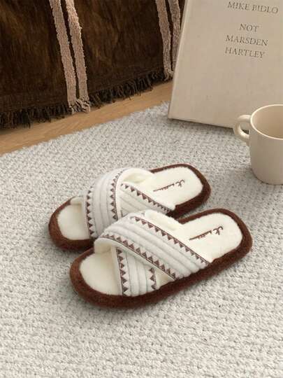 XIXITIAO 复古交叉绑带撞色拖鞋，毛绒拼接软底舒适鞋，休闲百搭室内拖鞋，适合卧室、家庭办公室穿着