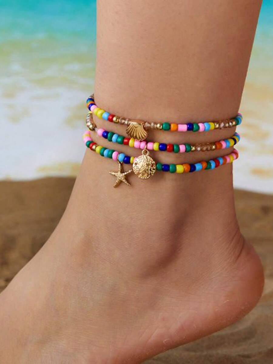 3件套波西米亚海洋风生命之树、海星、贝壳吊坠脚链套装，送给女性的绝佳礼物之选 - 彩色 - 查看 1