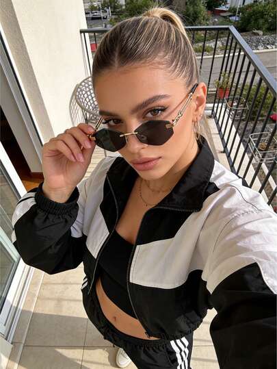 1 Paar Damen rahmenlose goldbraune polygonale Sonnenbrillen, Metallmaterial, UV400 Sonnenschutz, leichter Luxus-Urlaubsstil, perfekt für Pool-Selfies