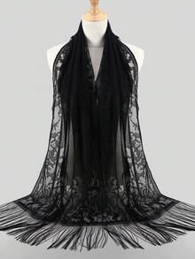 轻盈透气女士蕾丝边长流苏围巾/披肩，适合派对和各种场合，春夏款 - 彩色 - 查看 4