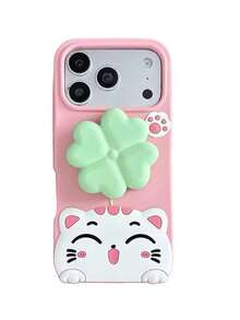 New Fashion Lucky Four-Leaf Clover Rotating Bracket 3D Phone Case Compatible With IPhone 17 Pro Max, Protective Cover, Sweet Romantic Skin-Friendly Shell, 16 PM - Pink - View 6