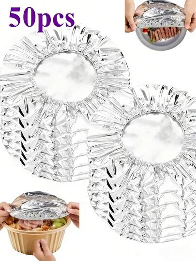 50/30pcs Reusable Aluminum Foil Food Wrap Covers, Heat Resistant Stretch Film, Durable Insulation Material Fridge Covers, Aluminum Foil Wrap, Kitchen Food Wrap, Suitable For Bowls, Plates, Dishes, Food Preservation, Insulation, Applicable For Fruits, Meats, Containers, Thermal Food Containers, Reflective Surface, Heat-Resistant Covers, Kitchen Accessories