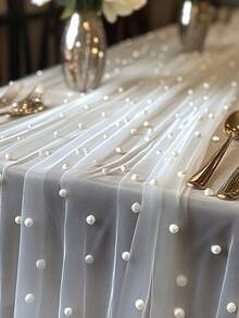 1pc White Pearl Beaded Tulle Fabric, Suitable For Table Runner, Ceremony Backdrop, Home Decor, Room Decoration, Birthday Party, Valentine's Day Ceremony Decor To Create A Romantic Ambiance - Multicolor - View 4