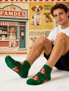 1 Pair Men's Green Cartoon Hunting Dog Pattern Socks, Casual Socks For All Seasons - Multicolor - View 7