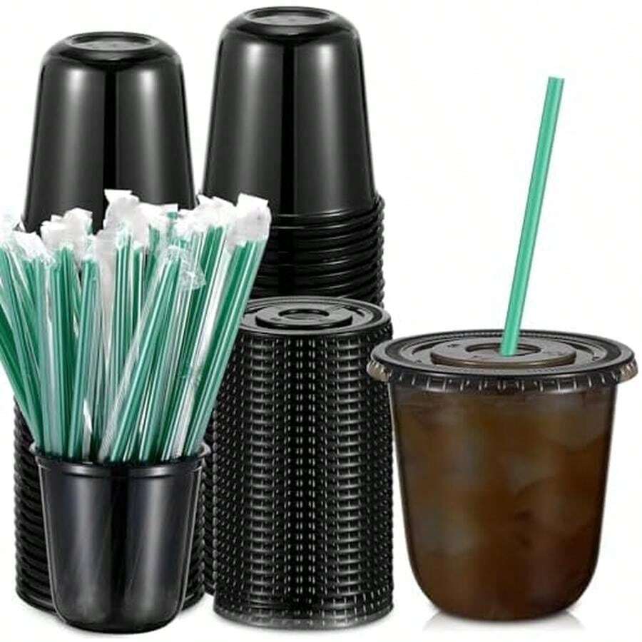 Baderke 25 Set Plastic Cups With Lids And Straws, Disposable Plastic Iced Coffee Cup For Cold Beverage Juice Smoothie Crystal For Coffee Shops Party Catering (Black,12 Oz) - Màu đen - 12 oz - Xem 1