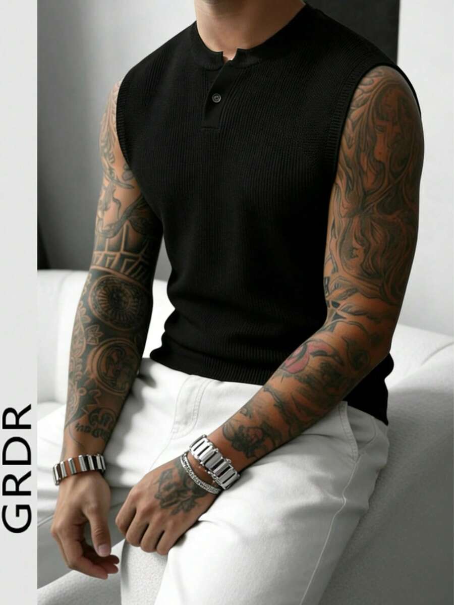 GRDR New Men's Summer Henley Neck Sleeveless Knit Tank Top - Casual Versatile Vest - Black - View 1