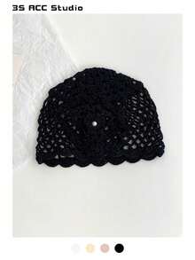 1pc Summer Hollow Knit Hat, Vintage Versatile Handmade Woven Beanie, Thin Lightweight Skull Cap, Spring/Summer Slouchy Hat, Fashionable Lightweight Sun Protection Headwrap, Macaroon Color,Beach,Vacation - Pearl Flowers - View 7