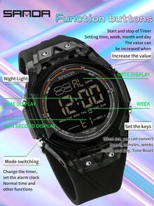 SANDA 6289 男士电子防水手表 多功能运动 LED 发光闹钟 男士计时器 数字腕表 - 黑色 - 查看 4