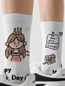 1 Pair Limited Edition Cartoon Crew Socks For Mother's Day, With Kiss And Hug Patterns, 360° All-Over Printing, Perfect Gift For Mother's Day - White - View 5