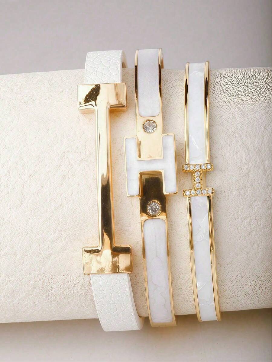 3 piezas Pulseras de cuero con letras doradas de moda, regalos para la novia - Dorado - Ver 1