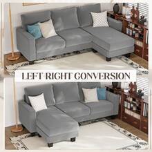 L-Shaped Convertible Sectional Sofa 3 Seater With Corduroy Fabric, Complete With Mobile Footrest, For Living Room, Apartment And Office - Xám - Xem 6