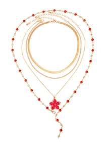 4件套度假风油滴花朵项链，适合女性在海滩度假、旅行和约会时佩戴。 - 彩色 - 查看 4