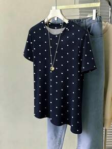 Camiseta de mujer con estampado completo de lunares sobre fondo azul marino, estilo lindo, adecuada para el verano, camiseta a la moda, camiseta hermosa, regalo para hermanos y hermanas, regalo para hermanas, regalo para mamá, regalo para el Día de la Madre, top casual a la moda. - Colores mixtos - Ver 4