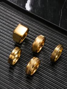 5件套时尚不锈钢镀金男士戒指套装，包含蛇皮哑光方形元素，适合男士日常佩戴、节日、约会等场合。 - 金色 - 查看 2