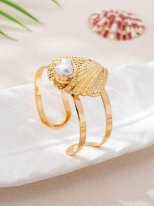 1 Set de pendientes, pulsera y anillo con diseño de perlas y conchas marinas de estilo elegante y a la moda, adecuado para uso diario, vacaciones y playa de mujeres - Dorado - Ver 5