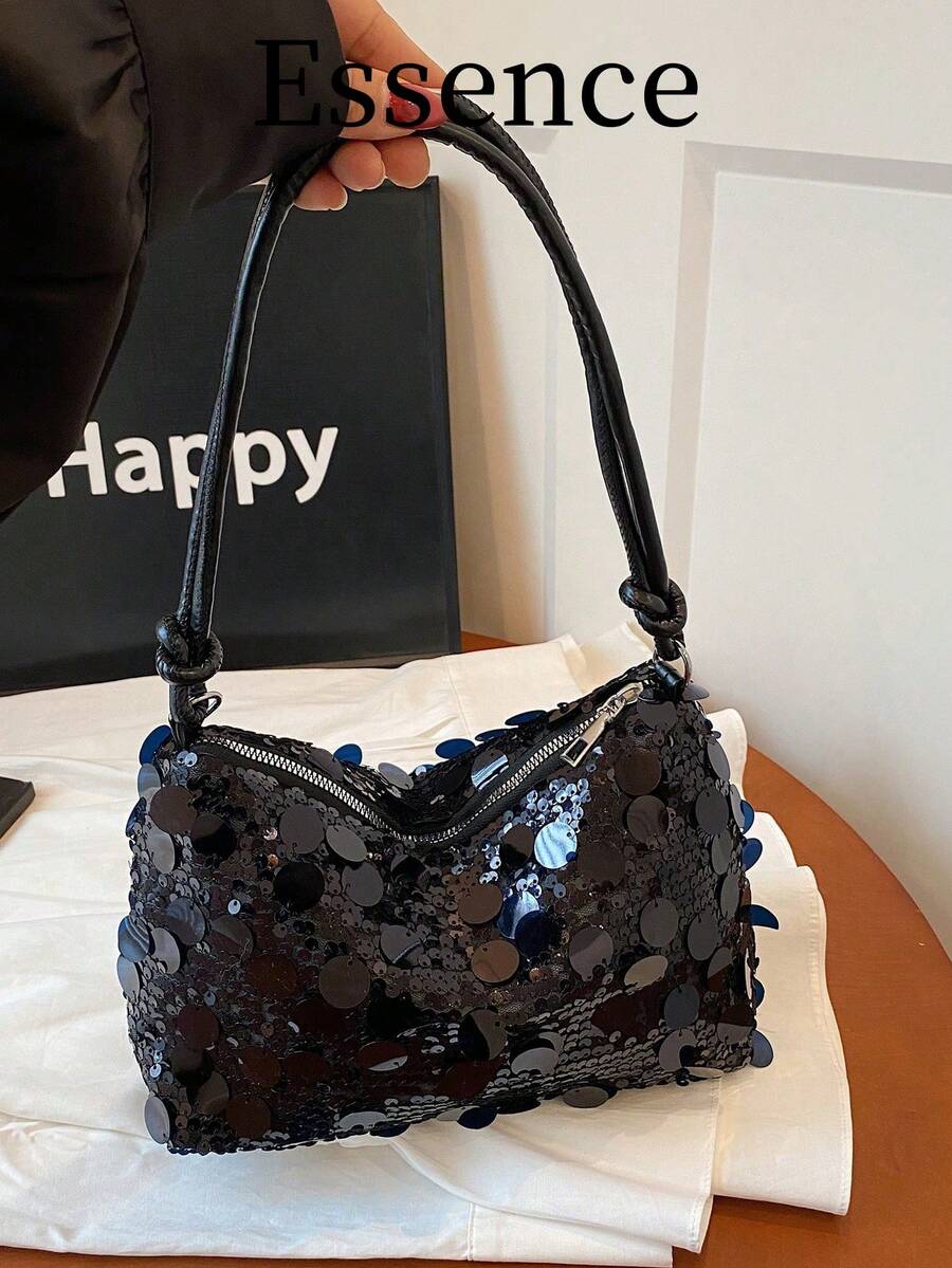 1个金色新月形PVC亮片女士单肩包，亮片