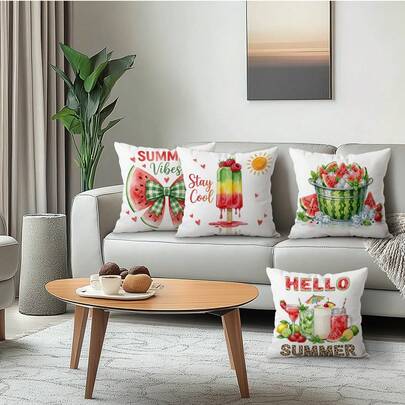 Bộ 4 vỏ gối in một mặt chủ đề bãi biển mùa hè, màu đào, chất liệu nhung, 100% polyester, trang trí phòng khách, sofa, phòng ngủ, phong cách ấm cúng, không kèm ruột gối, kích thước 40x40cm/45x45cm/50x50cm