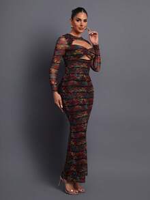 优雅印花镂空网纱女士晚礼服，适合派对、正式晚宴、时尚活动、摄影、夜间活动、婚礼度假派对等场合。 - 棕色 - 查看 2