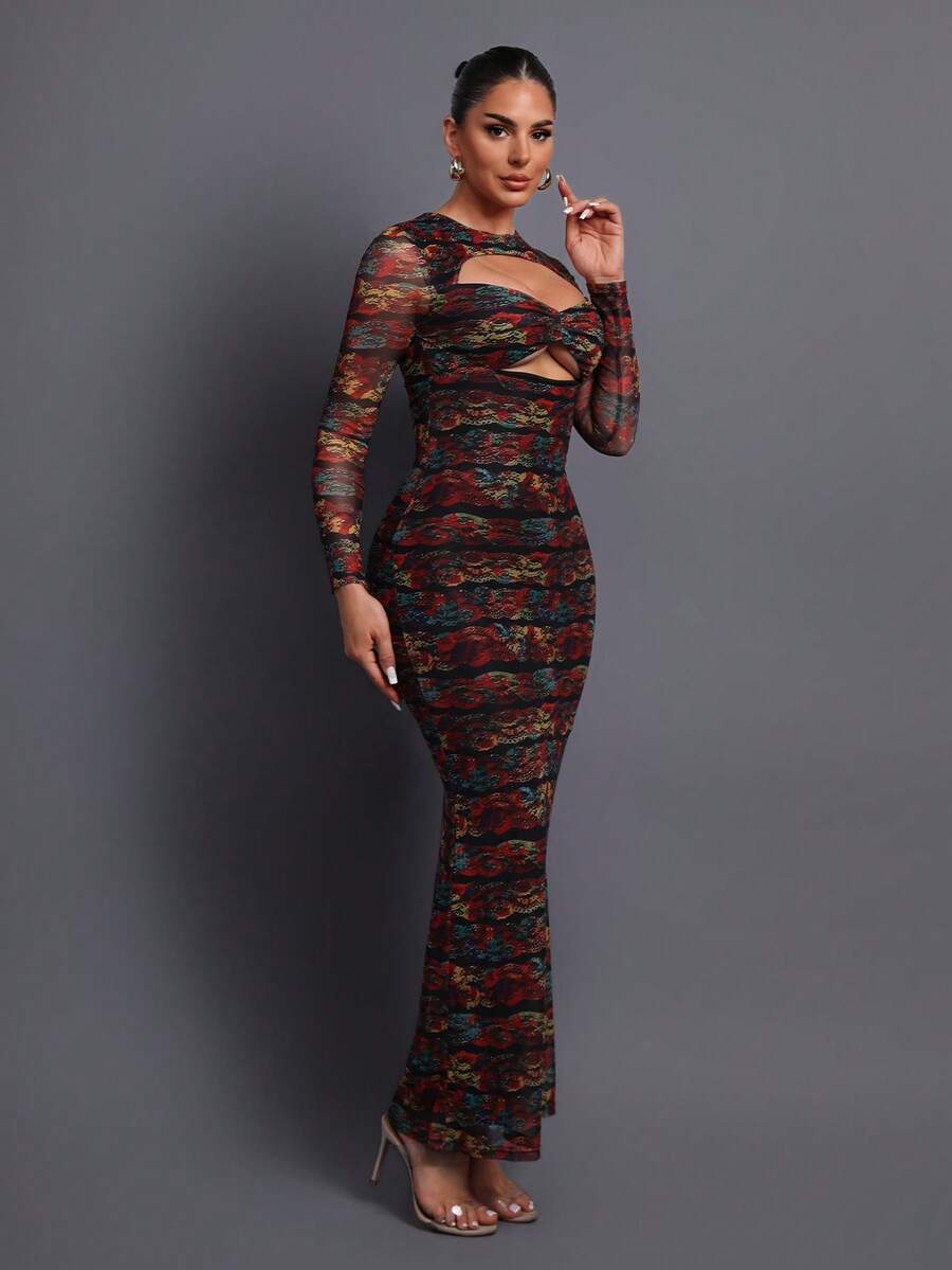 优雅印花镂空网纱女士晚礼服，适合派对、正式晚宴、时尚活动、摄影、夜间活动、婚礼度假派对等场合。