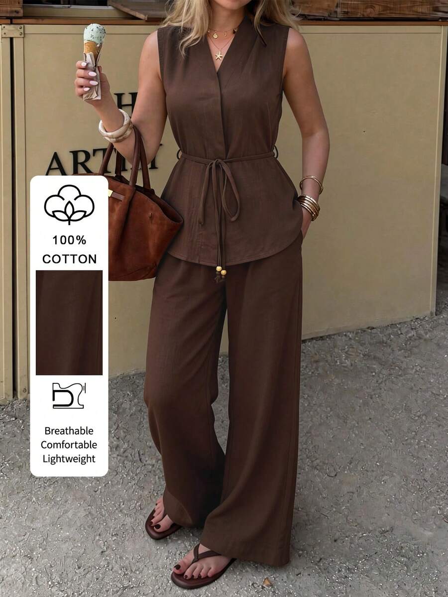 PoPoHouse 女士夏季优雅纯棉两件套，系带无袖V领荷叶边背心上衣搭配宽松阔腿裤，休闲时尚通勤办公度假外出穿搭，棕色套装 - 棕色 - 查看 1