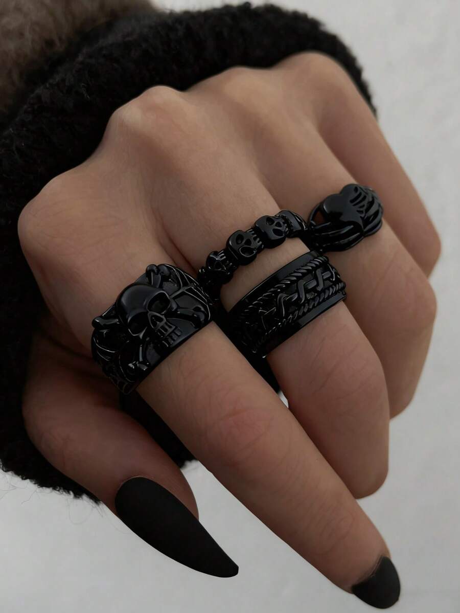 4pcs Gothic Style Skeleton Head Rings, Multi-Element Stackable Black Ring Set For Women - Black - View 1