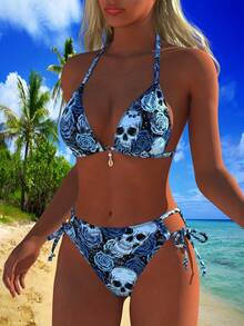 Women's Bikini With Tie-Back Detail, Backless Skull Pattern Beach Vacation Swimsuit Set, 2026SS Mid-Summer Collection, Two-Piece Bathing Suit Beach Pool Outfits - 彩色 - 查看 4