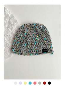 Handmade Crochet Sequin Hollow Out Beanie Hat, Fashionable Retro Versatile Lightweight Breathable Knit Cap For Women, Spring Summer - Sequin Black Label - View 9