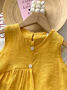 2pcs/Set Girls' Asymmetrical Sleeveless Patchwork Top And Wide Leg Pants Set, Summer - Yellow - View 3