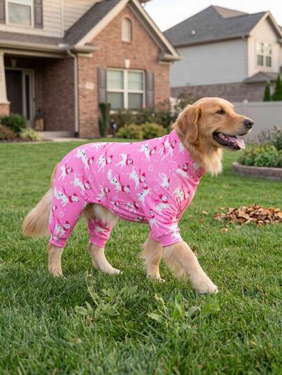 Pigiama estivo per cani per controllare la perdita di pelo - Tutina per animali domestici traspirante e ad alta elasticità, con copertura completa, tuta estiva anti-morso e anti-insetti per cani di taglia media e grande, abbigliamento per cani con stampa su tutto il corpo - Motivo carino di cani rosa