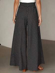 Damen Vintage Polka Dot Muster Weite Beine Hose, elastischer Bund mit Kordelzug, lässig, vielseitig, lange Hose für Urlaub - Schwarz und Weiss - Übersicht 2