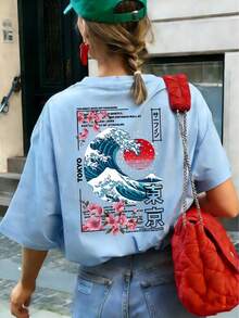 女士新款休闲可爱图案宽松圆领短袖T恤，东京岛日落波浪印花圆领短袖T恤，柔软宽松舒适高端街头风度假风休闲百搭短袖上衣 - 藍色 - 查看 5
