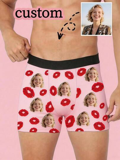1pc Customized Men's Briefs - Personalized Photo And Bold Red Lip Print On Navy Blue | Mature Masculine Style, Premium Custom Underwear | Suitable For Boyfriend's Birthday, Christmas, Anniversary Etc. | Luxurious Quality, Unforgettable Gift