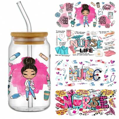 Conjunto de 4 adesivos autocolantes UV DTF com tema de enfermagem para envelopar canecas, garrafas e copos de água. Também ideais para envelopar latas de vidro de 473 ml (16 oz). Com efeito cristal 3D e resistente a riscos, esses adesivos são perfeitos para artesanato e decoração.