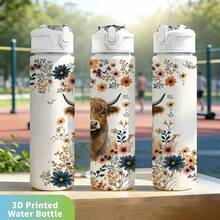 1pc/5pcs 750ml Bohemian Highland Cow Floral Print Water Bottle - Reusable Travel Cup, Portable Sports Water Bottle, Leak-Proof Travel Cup, Fashionable Daily Drinking Bottle, Cute Animal And Wildflower Pattern Cute Style Farm Ranch Iced Coffee - Brown-bohemian Highland Cattle - View 6