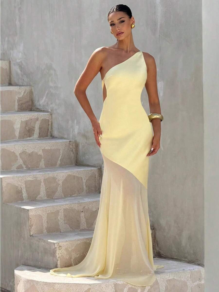 Women's Clothing Slash Shoulder Sleeveless Halter Elegant Dress Slim Sexy Strap Mesh Dress Birthday Dress - 黃色 - 查看 1