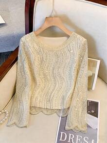 优雅奢华串珠亮片杏色长袖圆领上衣 - 适合派对、活动、节日、盛会（装饰繁复）春季 - 杏色 - 查看 2