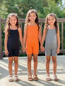 3pcs/Set Young Girls Slim Fit Casual Solid Color Ribbed Camisole Jumpsuit - Orange - View 4