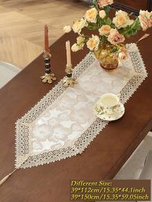 Camino de mesa de jacquard liso 100% poliéster estilo vintage francés de granja con ribete de encaje floral de volutas huecas en forma de abanico, bufanda de mesa con borlas para mesa de desayuno nupcial, decoración rústica de cocina de cabaña - Caqui - Ver 11