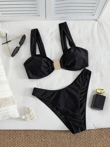 两件套金属装饰比基尼套装，优雅黑色亮面宽肩带两件式泳衣，适合夏季海滩度假拍照和泳池派对 - 黑色 - 查看 2