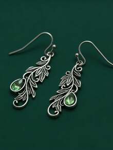 一对复古波西米亚风藤蔓雕刻绿色水滴水钻吊坠耳环，个性化珠宝礼品，适合女性日常、旅行和派对佩戴 - 復古銀色 - 查看 5