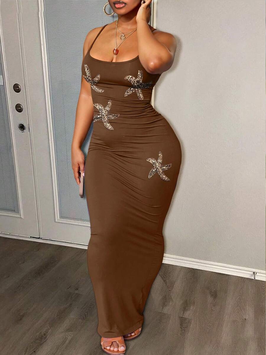 LovelyWholesale Women'S Casual Sequined Gold Starfish Print Adjustable Strap Elegant Long Summer Dress For Women - Brown - View 1