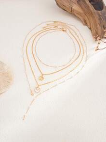 4pcs/Set Ocean Holiday Style Shell & Flower Pendant Y-Necklace, Elegant Luxury Beach Vacation, Casual Daily, Party, Couple Date, Women's Festival Birthday Versatile Jewelry Gift (Faux Pearl Quantity Random, Actual Length May Vary) - Necklace - View 4